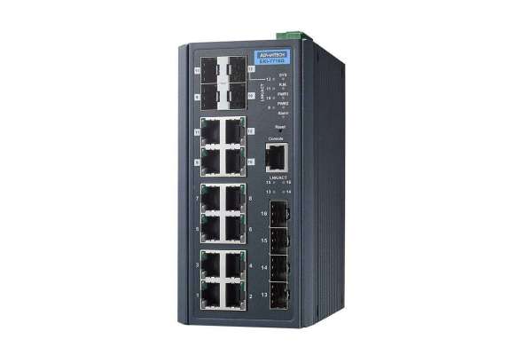 Управляемый 16-ти портовый коммутатор Advantech EKI-7716 на 8 FE или GE портов, 4 SFP и 4 combo для монтажа на DIN рейку