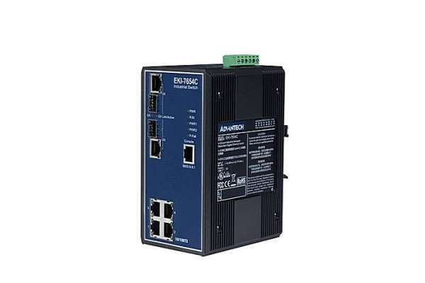 Промышленный управляемый GigabitEthernet коммутатор Advantech EKI-7654C на 2 SFP и 4 TX 10/100/1000 Мб портов с поддержкой отказоустойчивого протокола X-Ring