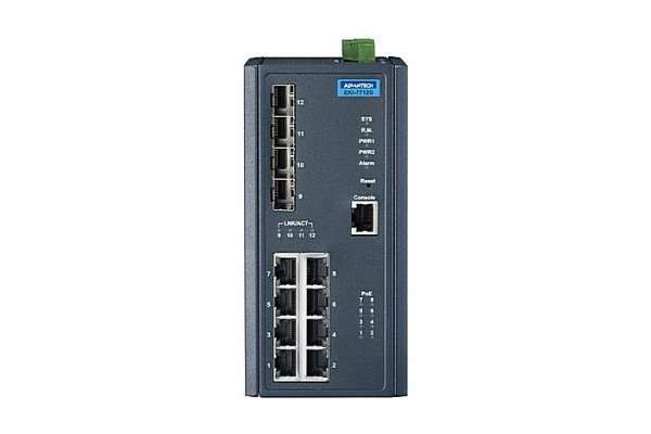 Управляемый 12-ти портовый Gigabit Ethernet коммутатор Advantech EKI-7712 на 4 SFP порта и 8 POE портов для монтажа на DIN рейкус расширенным температурным диапазоном и протоколом X-Ring Pro 
