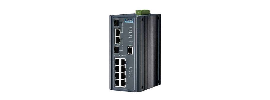 Advantech EKI-7710 Gigabit Ethernet managed switch with 2 SFP combo ports and 8 POE ports