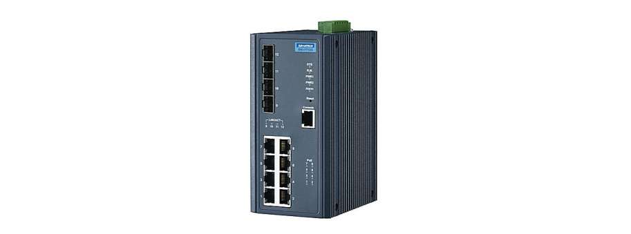 Керований 12-ти портовий Fast або Gigabit Ethernet комутатор Advantech EKI-7712 на 4 SFP і 8 POE портів для монтажу на DIN рейку